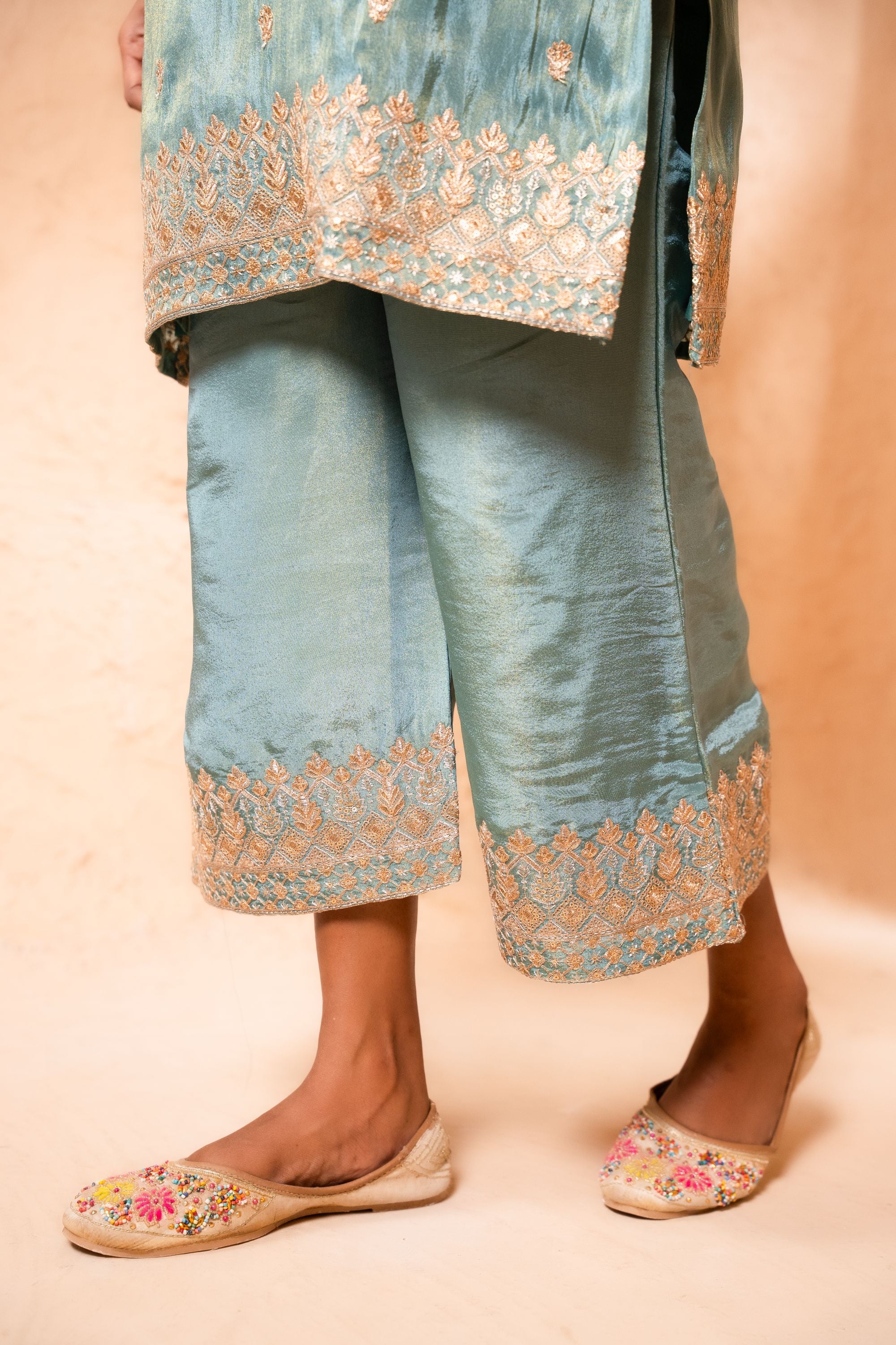 Leher Tissue Embroidered Sky Blue A-Line Suit Set