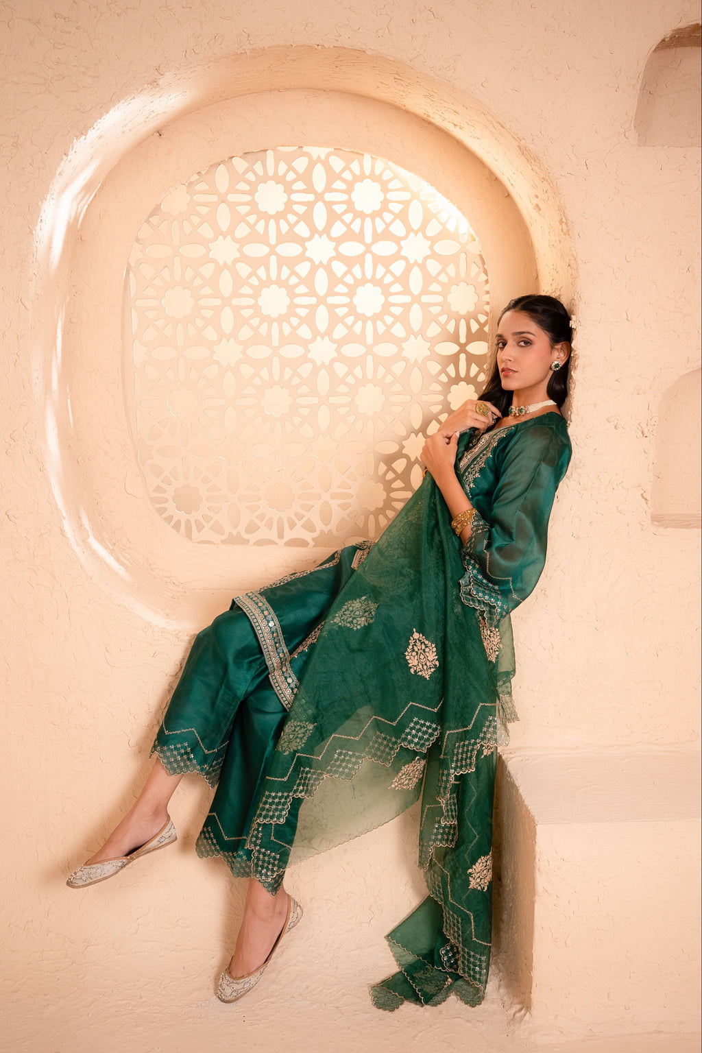 Sanjh Chanderi Embroidered Emerald A-Line Suit Set