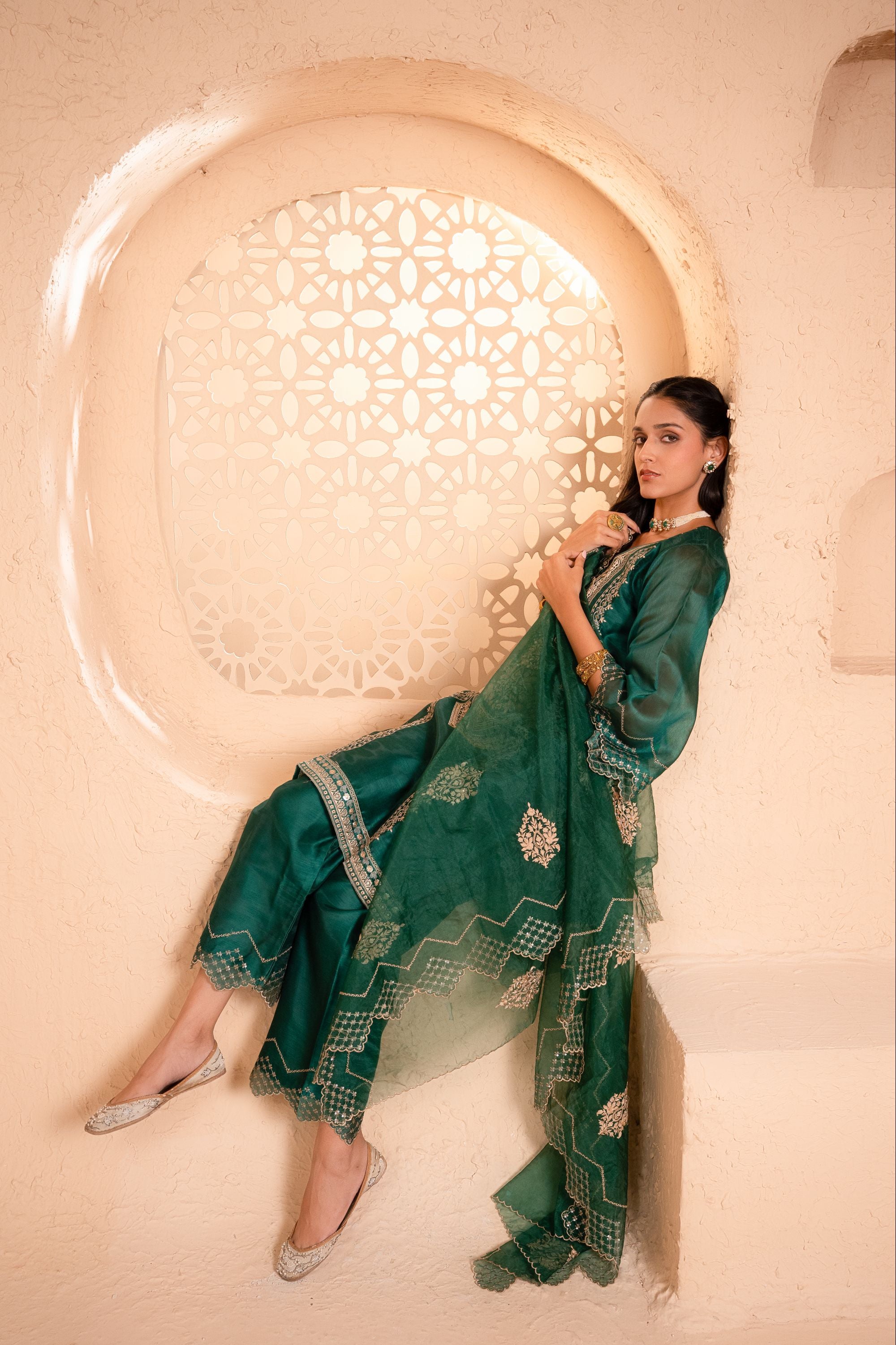Sanjh Chanderi Embroidered Emerald A-Line Suit Set