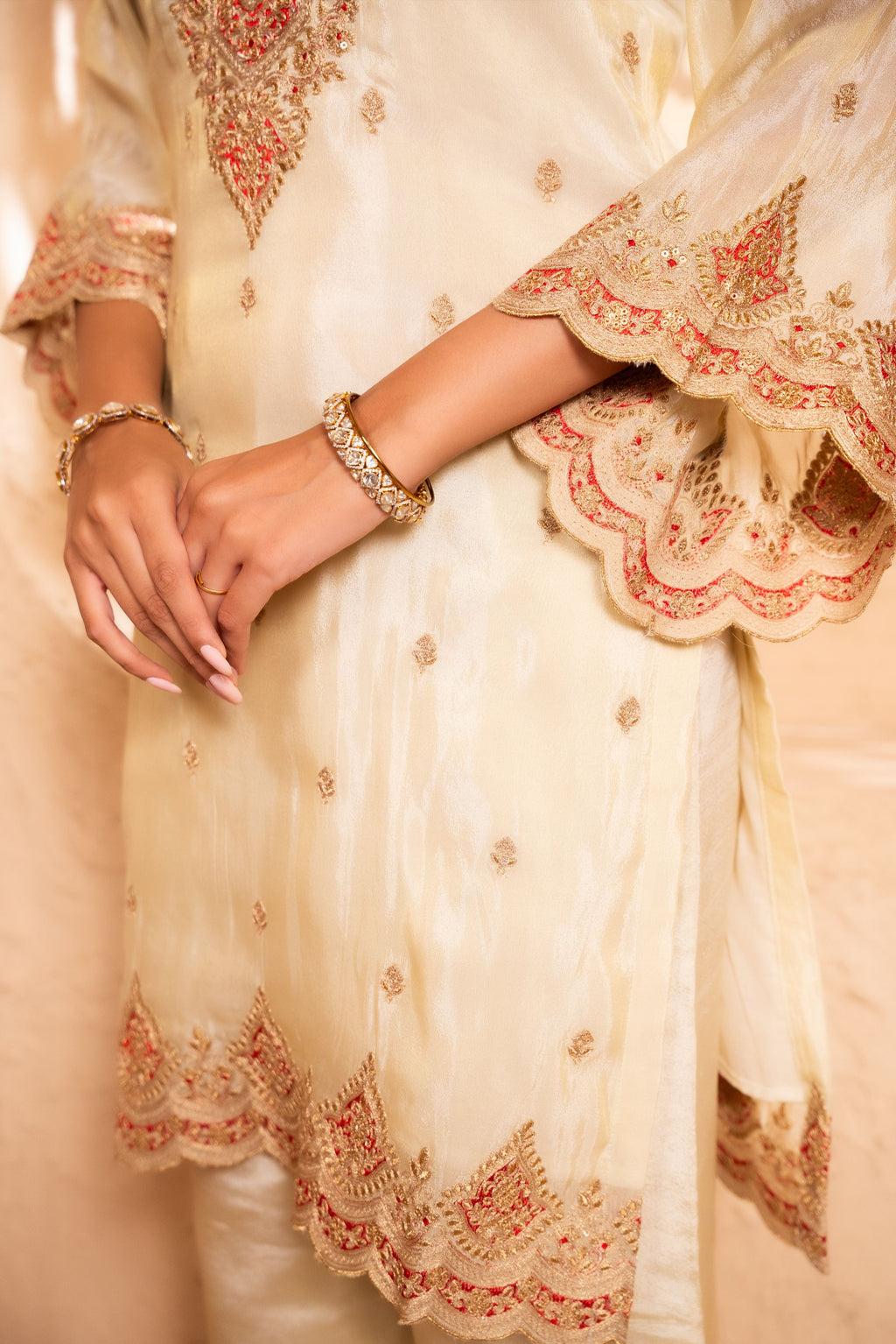 Sargi Tissue Embroidered Cream A-Line Suit Set