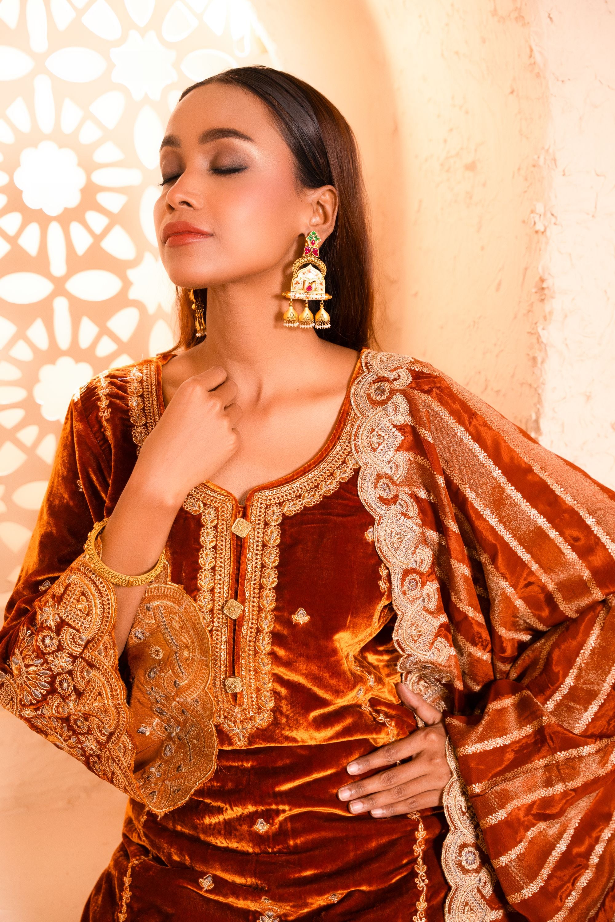 Saaz Silk Velvet Embroidered Rust A-Line Suit Set