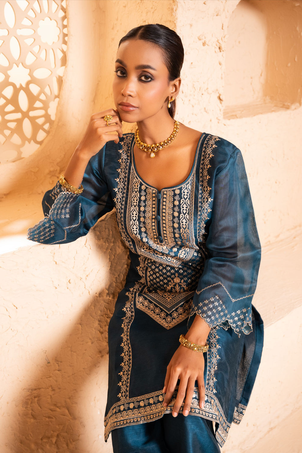 Sanjh Chanderi Embroidered Navy Blue A-Line Suit Set