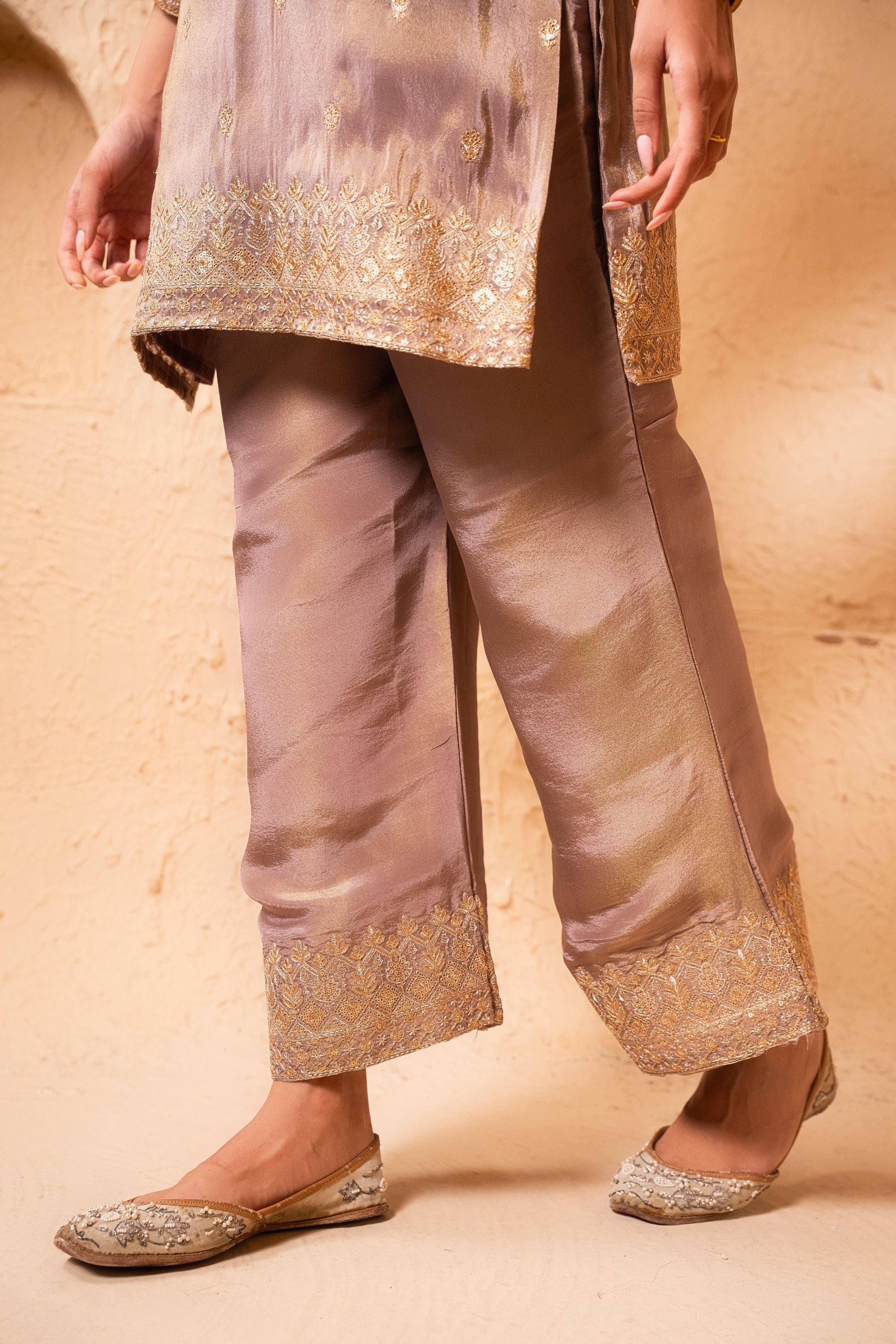Leher Tissue Embroidered Lavender A-Line Suit Set