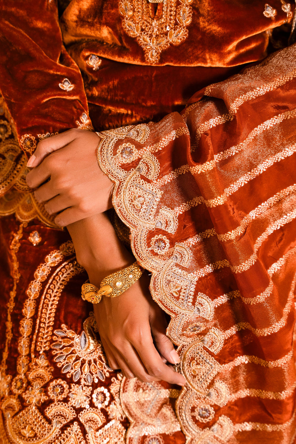 Saaz Silk Velvet Embroidered Rust A-Line Suit Set