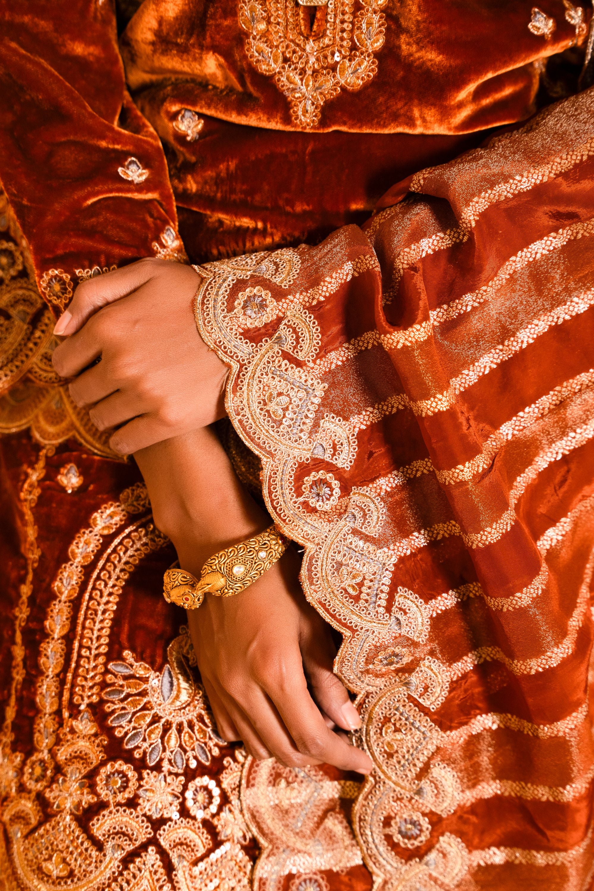 Saaz Silk Velvet Embroidered Rust A-Line Suit Set
