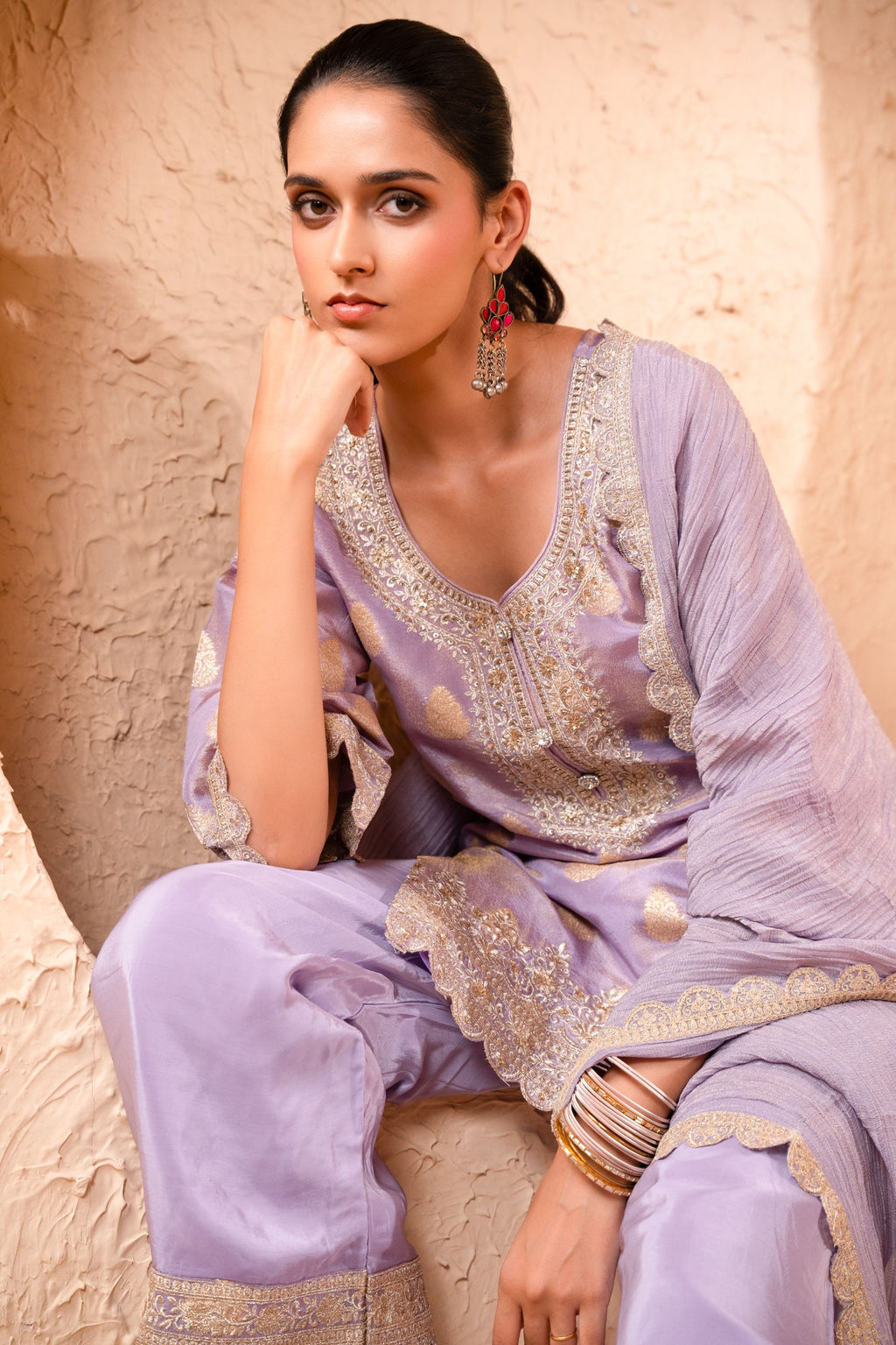 Isvan Tissue Embroidered Lavender A-Line Suit Set