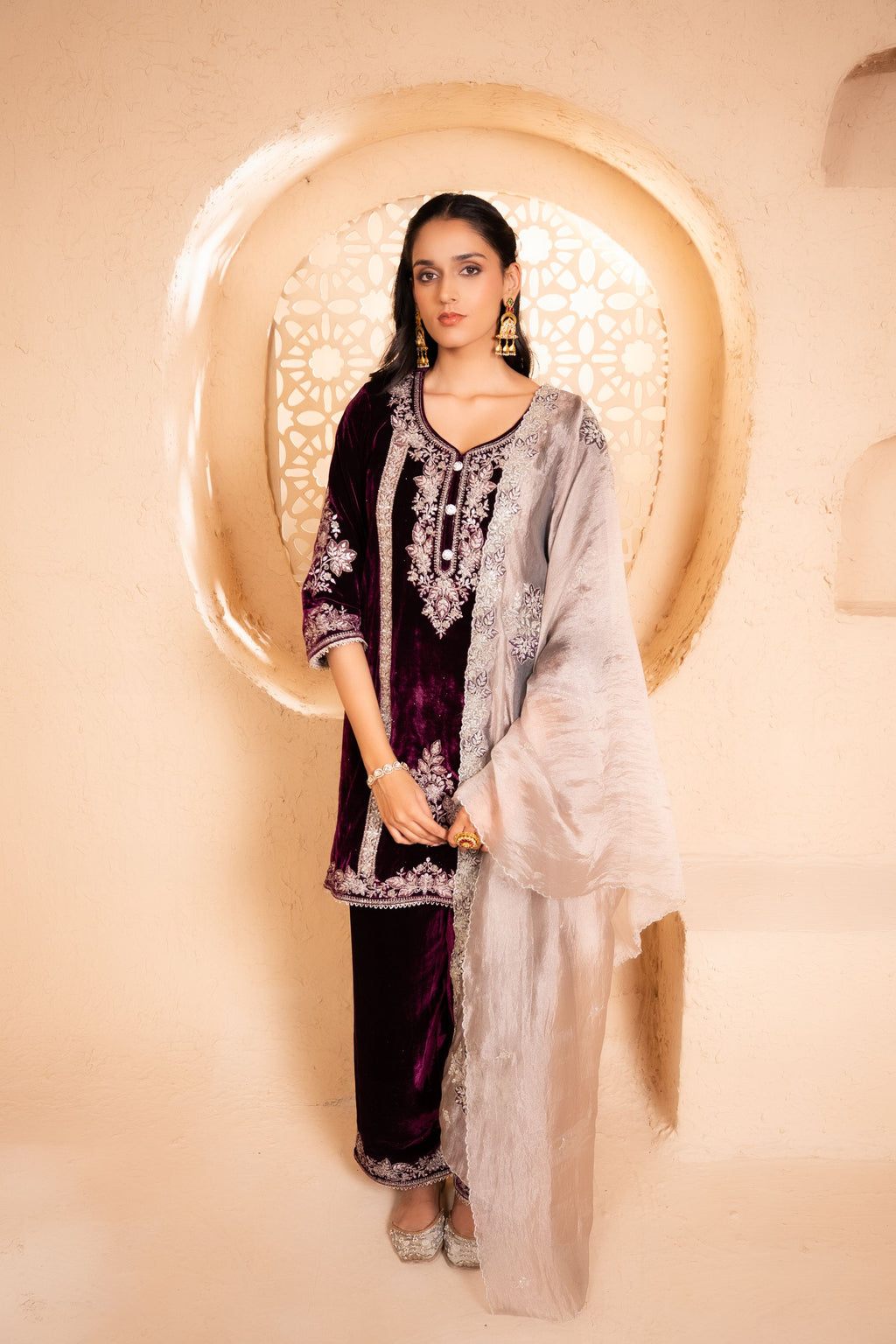 Zariya Silk Velvet Embroidered Wine A-Line Suit Set