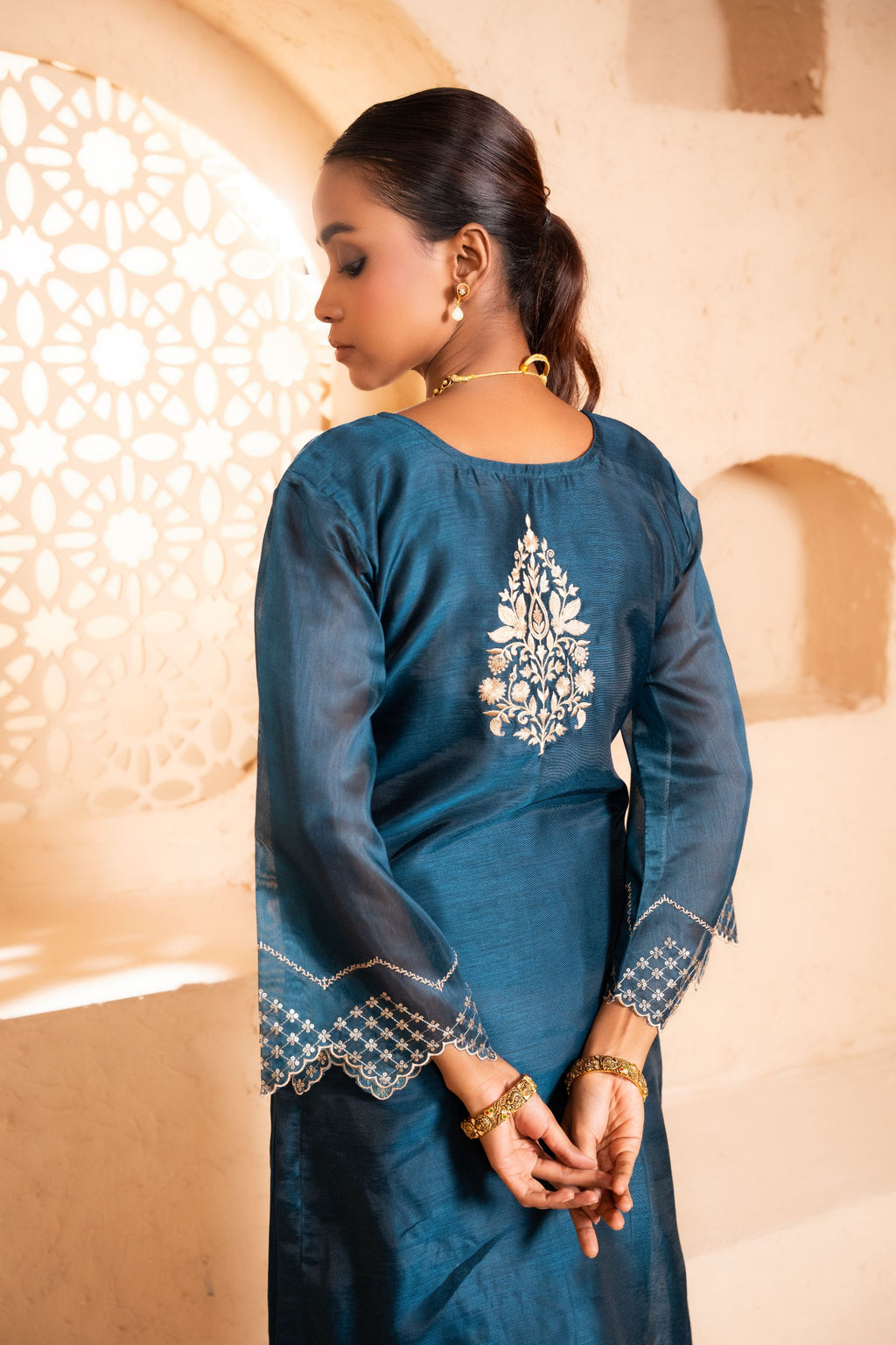 Sanjh Chanderi Embroidered Navy Blue A-Line Suit Set