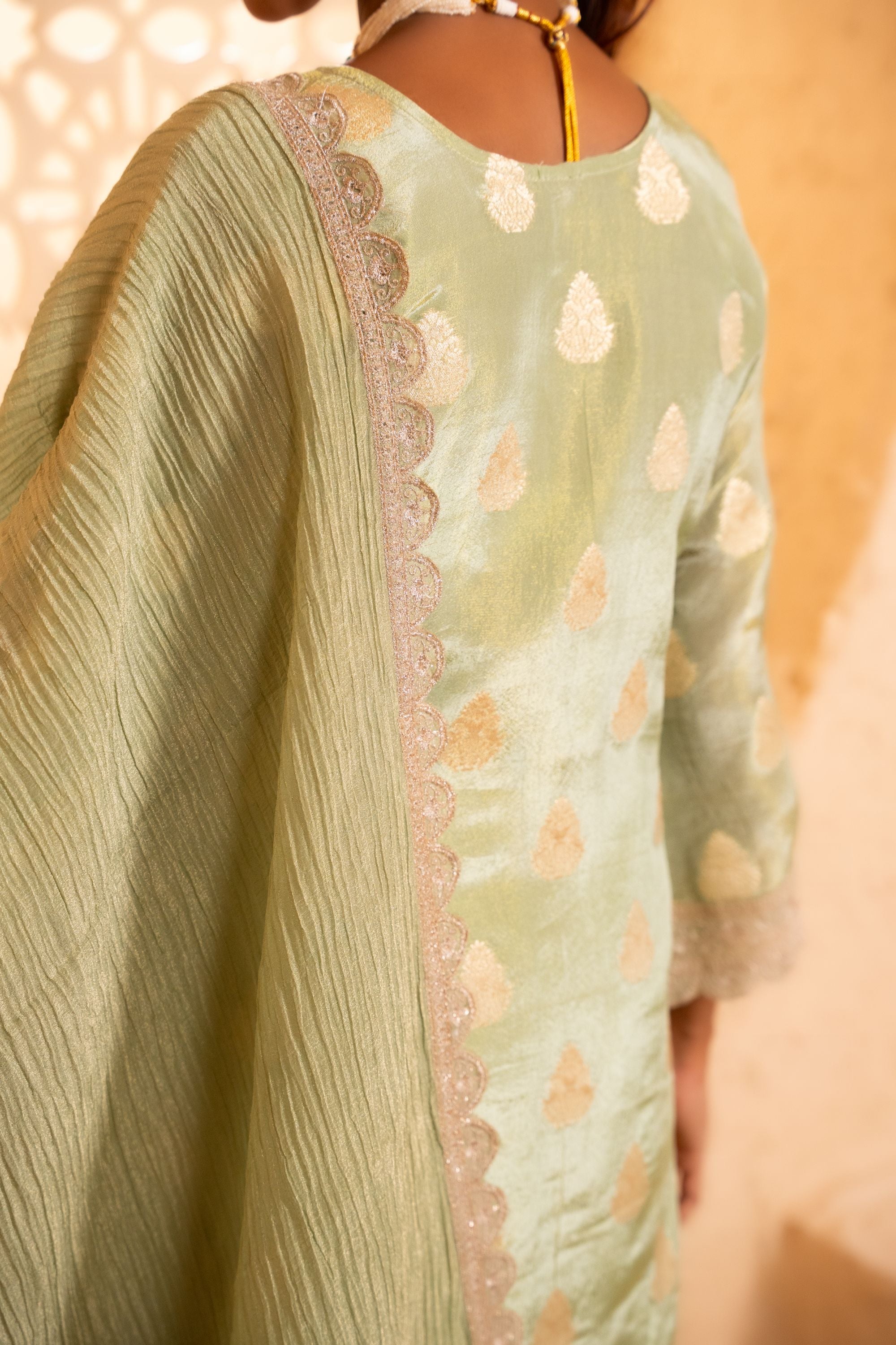 Isvan Tissue Embroidered Green A-Line Suit Set
