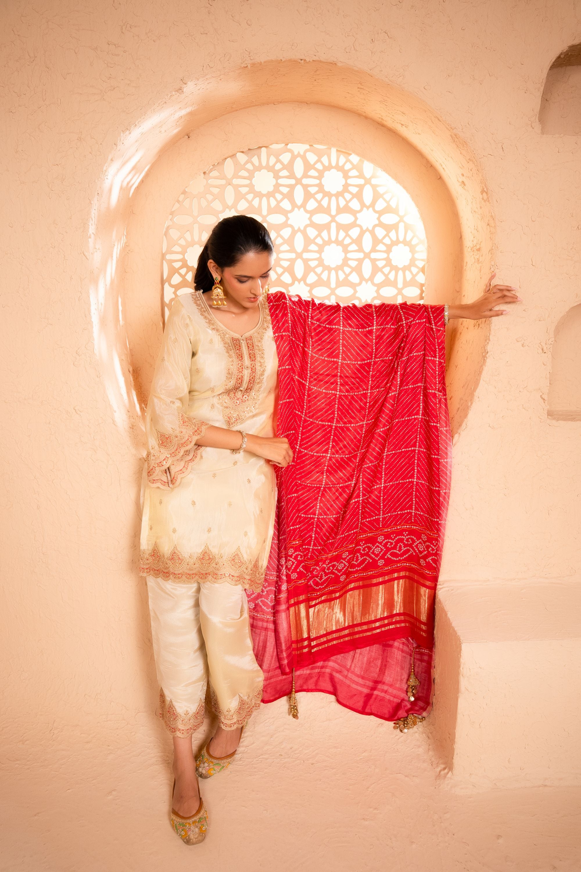 Sargi Tissue Embroidered Cream A-Line Suit Set