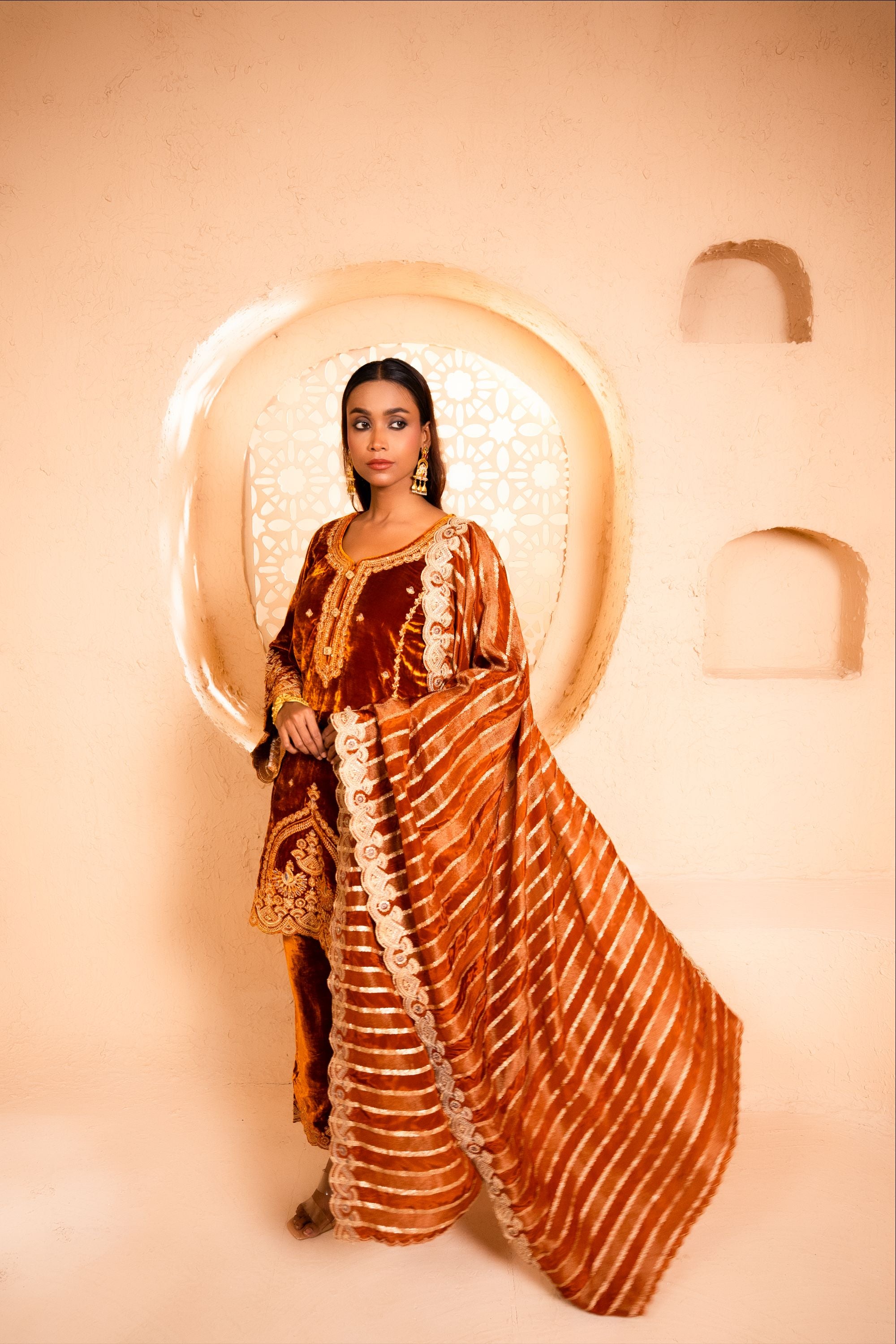 Saaz Silk Velvet Embroidered Rust A-Line Suit Set