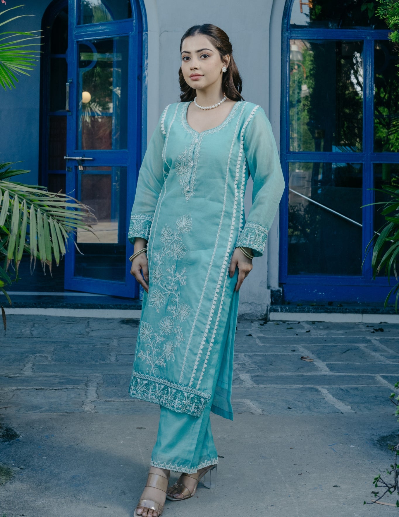 Ibadat chanderi embroidery blue suit set