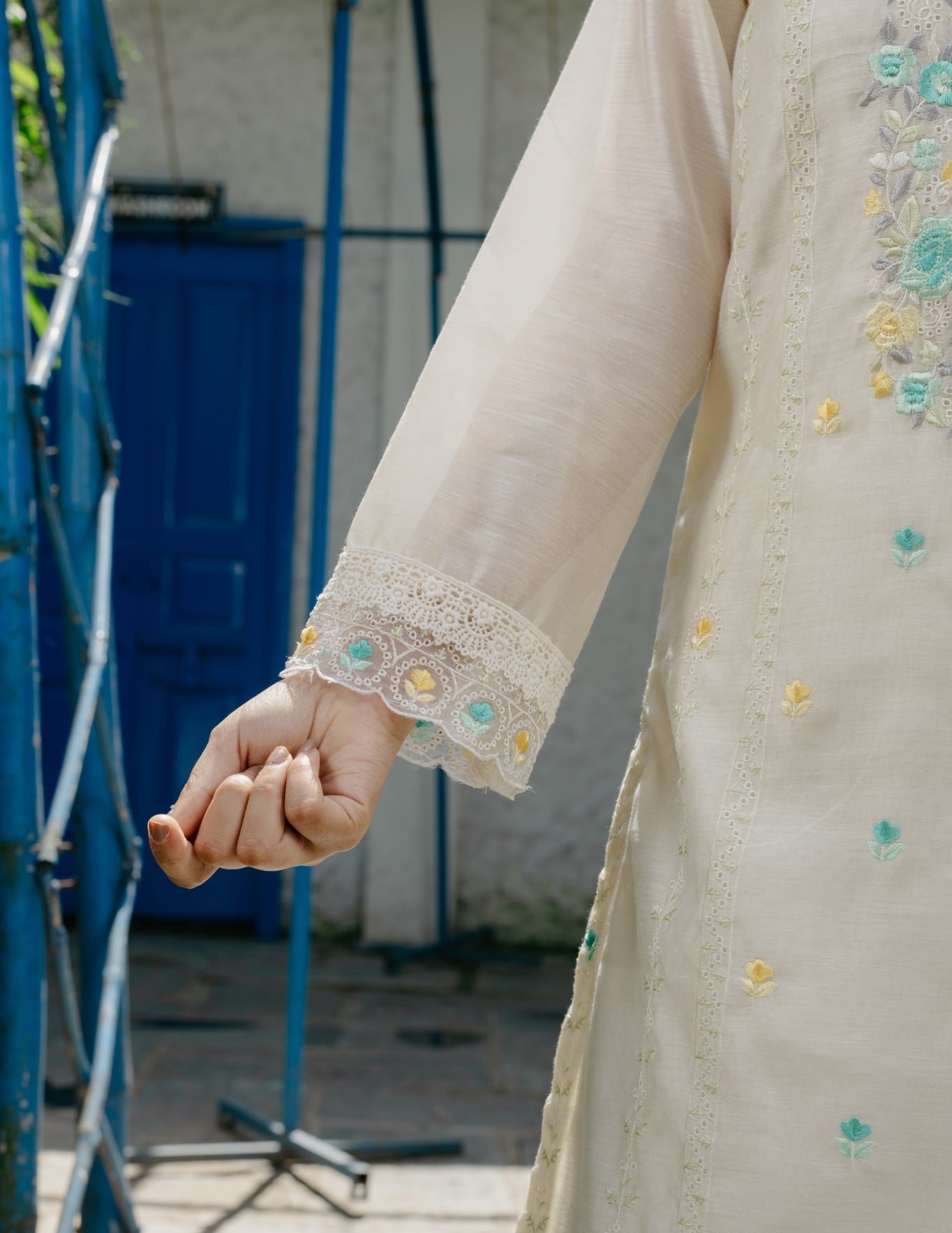 Ishq Chanderi parsi style  embroidered cream suit set