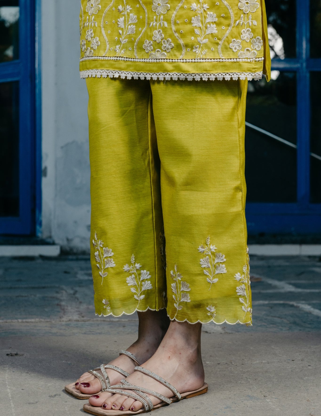 Ruh chanderi  embroidered yellow  a line suit set