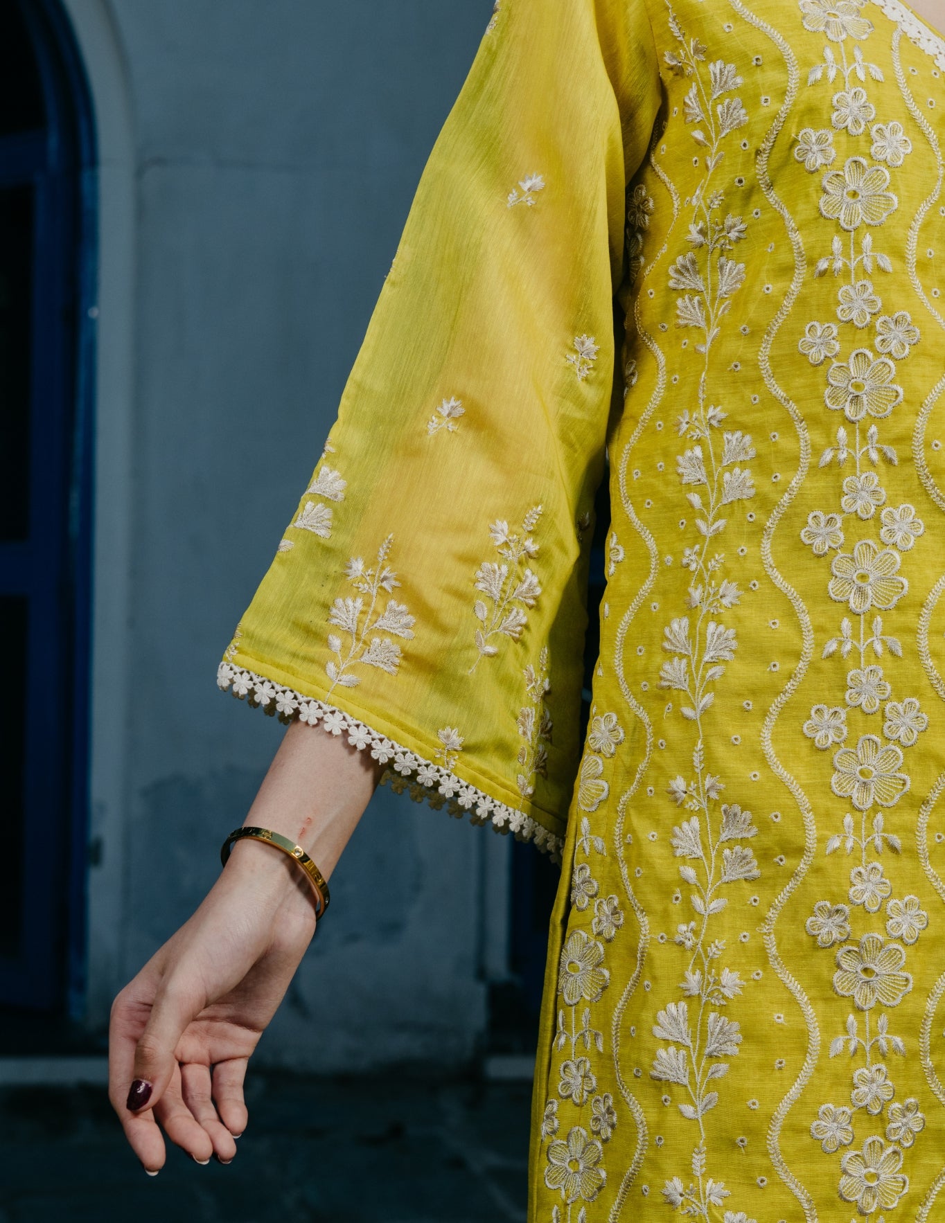 Ruh chanderi  embroidered yellow  a line suit set