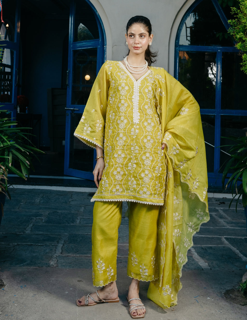 Ruh chanderi  embroidered yellow  a line suit set