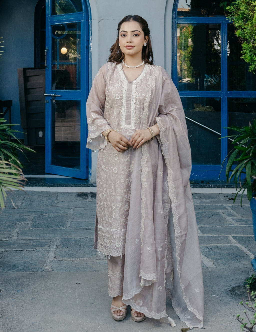 Zariya mul chanderi hand embroidered beige suit set