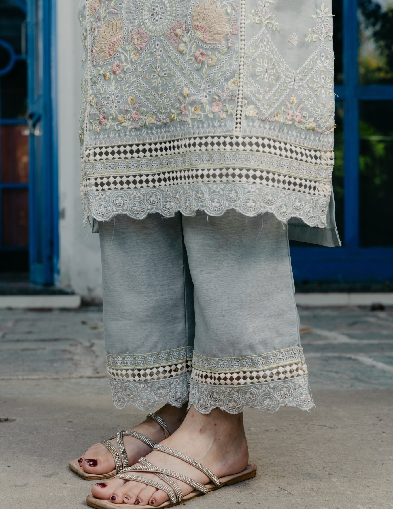 Inaya mul chanderi embroidered blue suit set