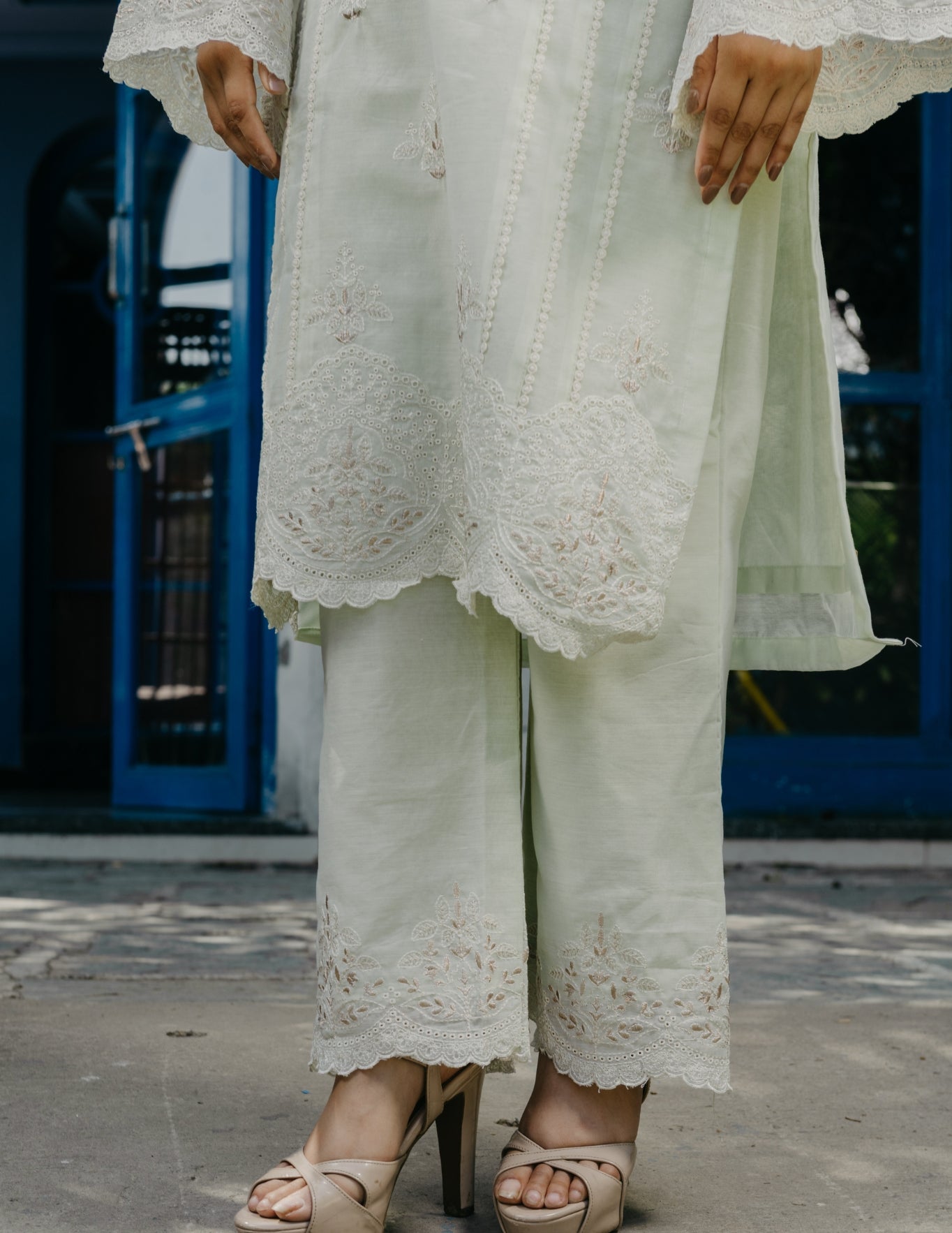 Jogan chanderi embroidered lace work light green suit set