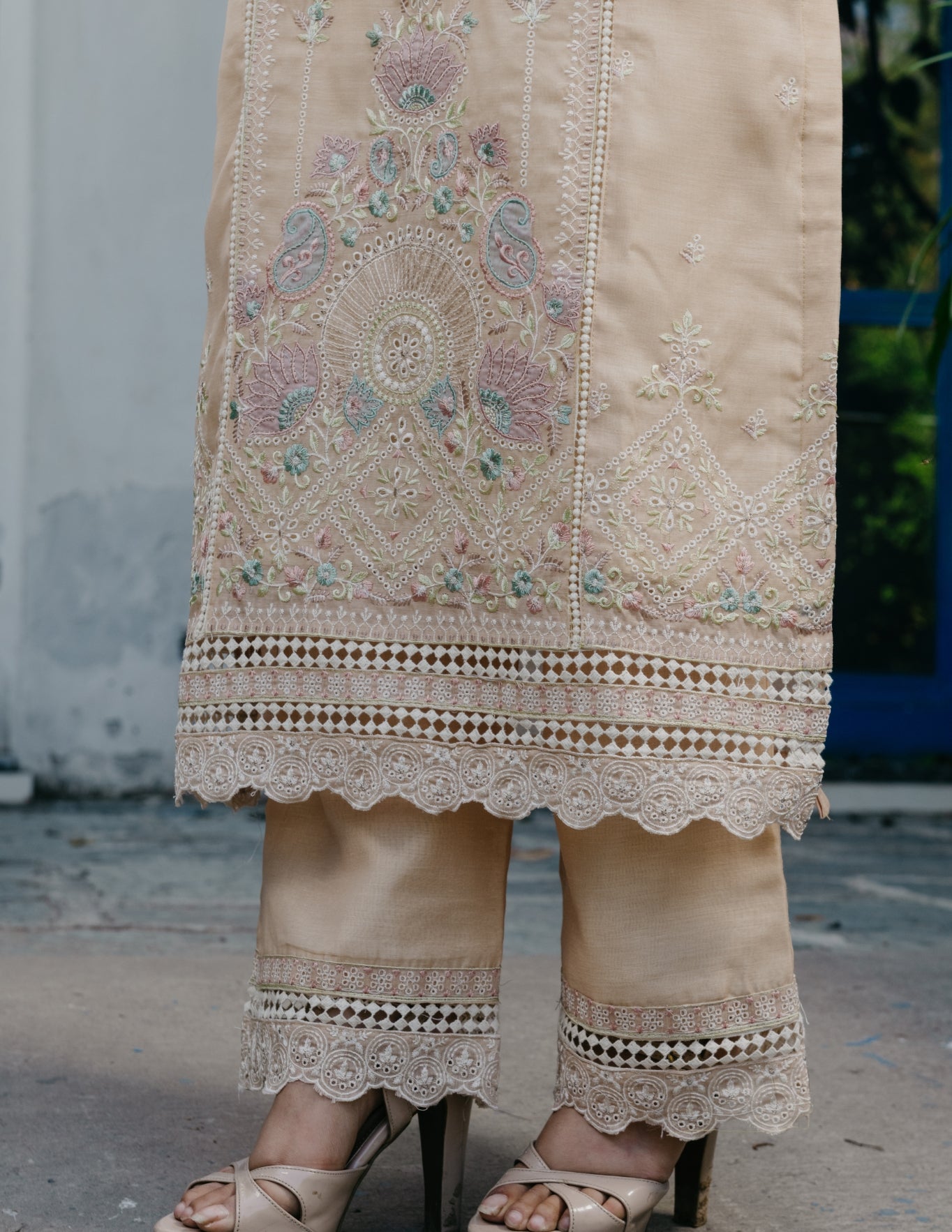 Inaya mul chanderi embroidered yellow suit set