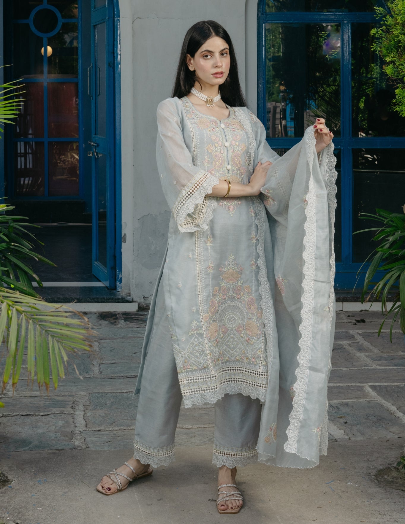 Inaya mul chanderi embroidered blue suit set