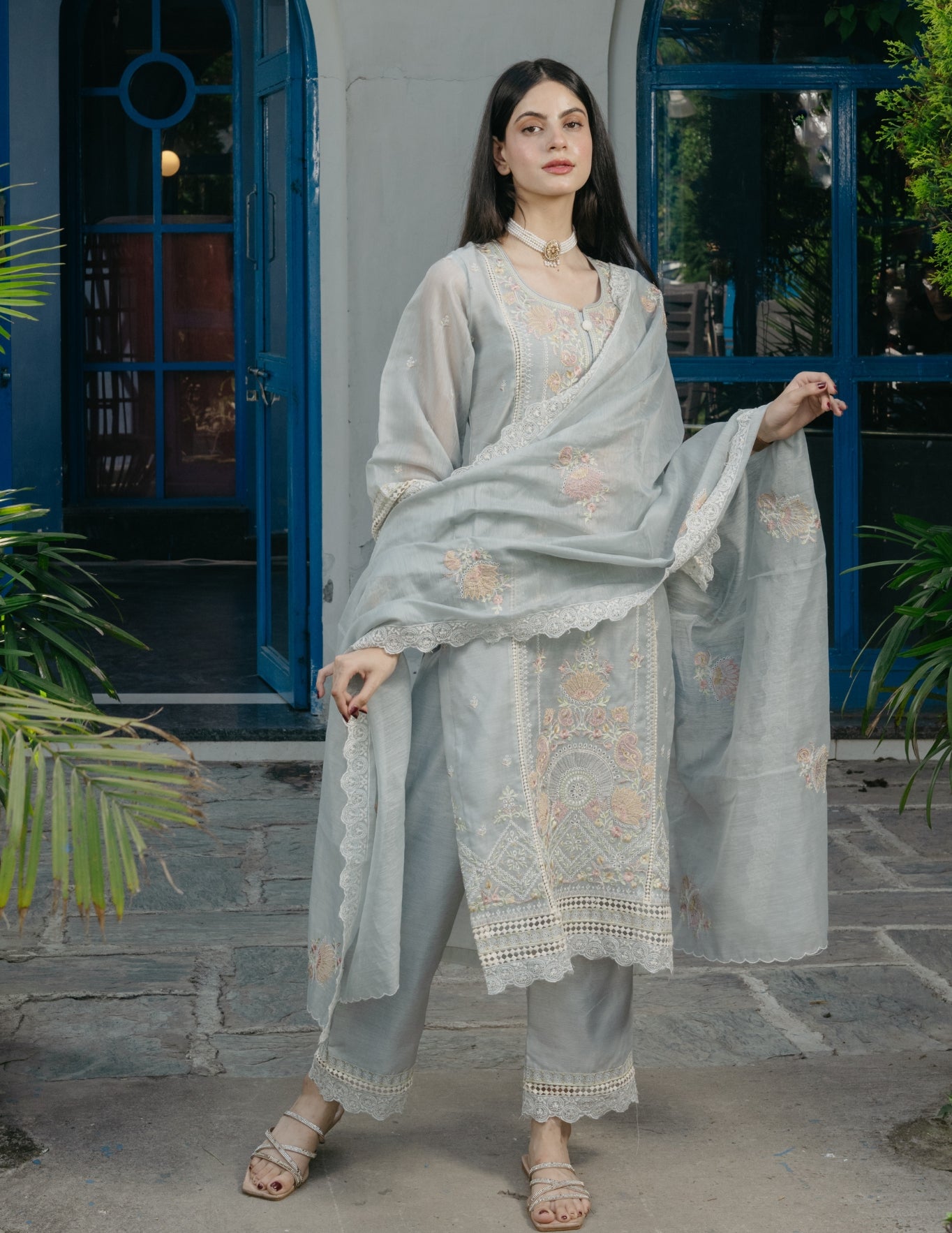 Inaya mul chanderi embroidered blue suit set