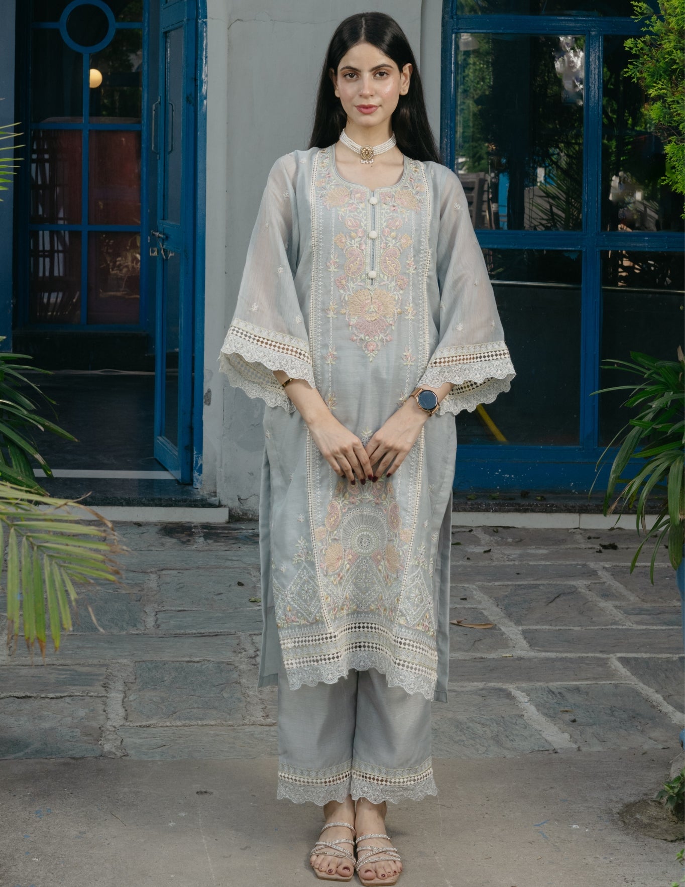 Inaya mul chanderi embroidered blue suit set