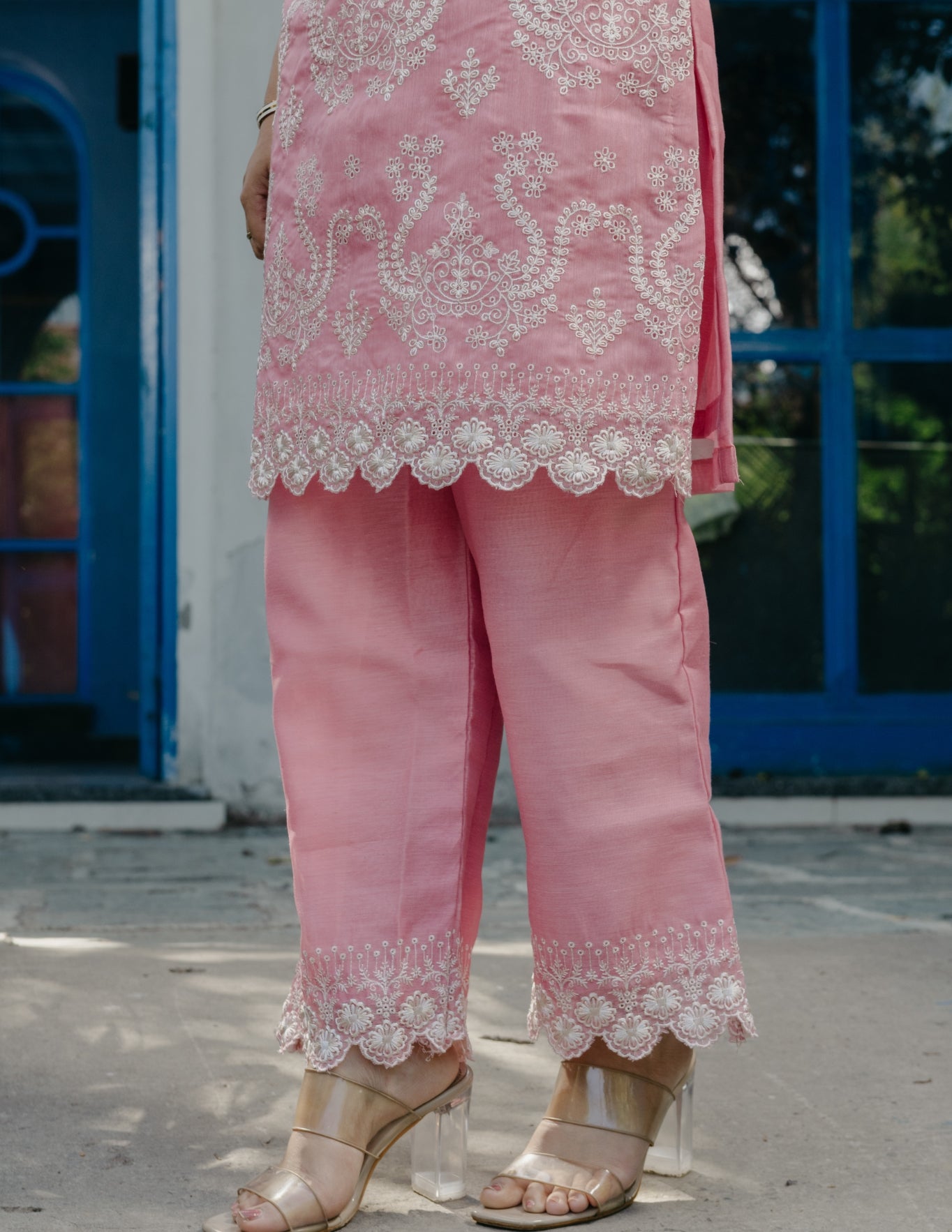 Smrti mul chanderi embroidered pink suit set