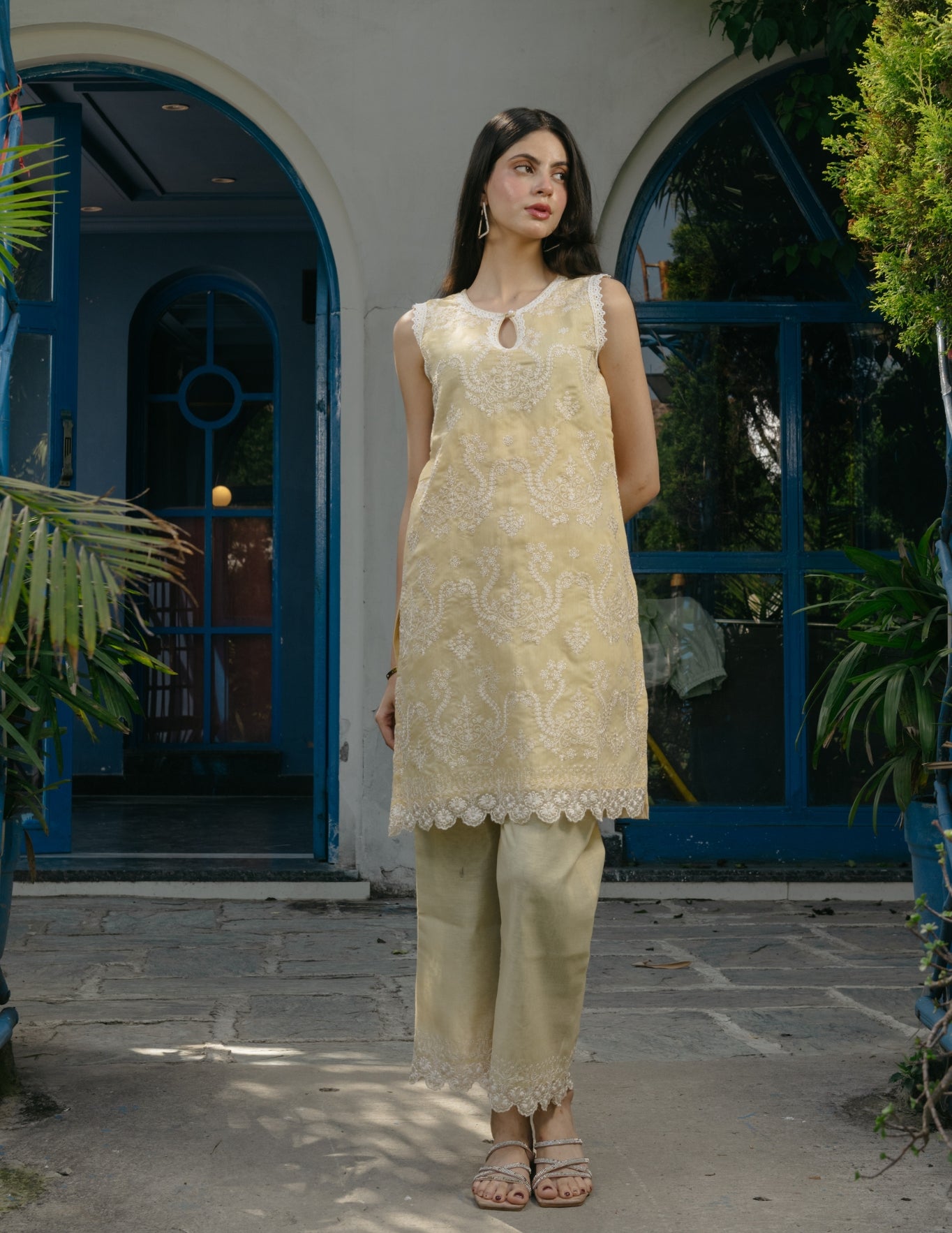 Smrti mul chanderi embroidered yellow suit set